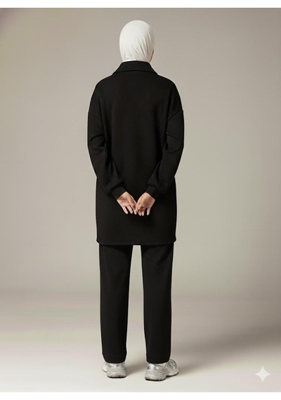 Afri 3 İplik Şardonlu Siyah Oversize Fermuarlı Tunik Sweatshirt - Günlük Spor Elbise Siyah