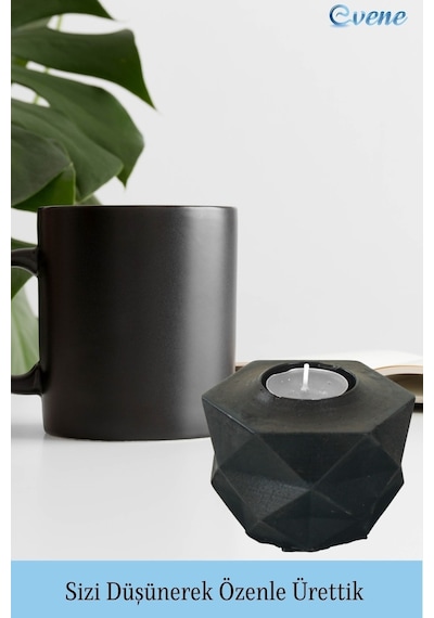 Mumluk Şamdan 3 Adet Tealight Ve İnce Mum Uyumlu Prizma Model - Siyah