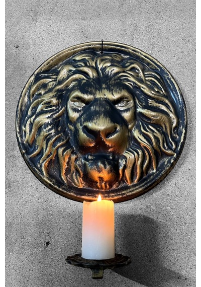 Aju Metal Aslan Figürlü Dekoratif Duvar Şamdan Mumluk - Siyah Ve Gold Eskitme Tasarım, Şık Ve Asil Dekor Siyah