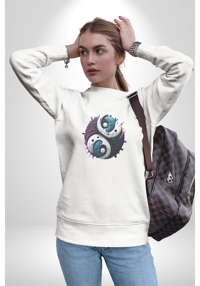 Renkli Yin İle Yang Kuramı Unisex Beyaz Baskılı Sweatshirt Beyaz