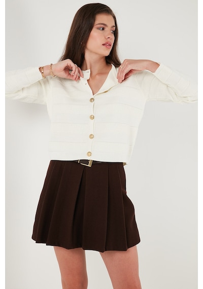 Lela Premium Regular Fit Bisiklet Yaka Düğmeli Dokulu Triko Bayan Hırka 680Hi00337 Ekru