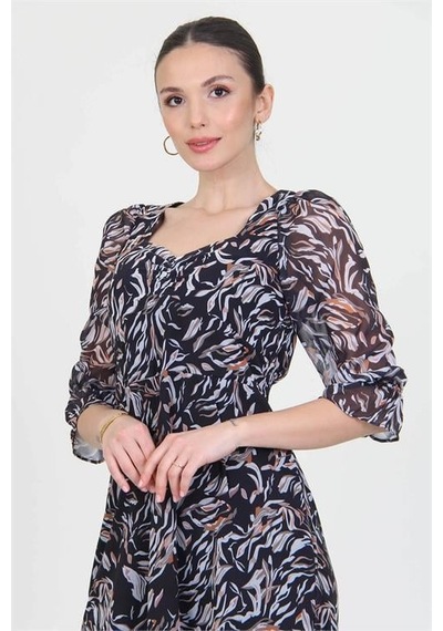 Dip Moda Kadın Siyah Kalp Yaka Yeni Sezon Desenli Şifon Elbise Dpry0030 Siyah