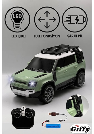 Oyuncak Full Fonksiyon Uzaktan Kumandalı Şarjlı Led Işıklı Defender Model Araba Drift Atan Off Road Yeşil