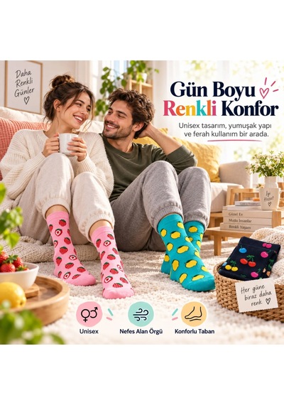 S'82 Kadın Ve Erkek Çorap Meyve Desenli Renkli 3'lü Set Uzun Soket Günlük Rahat Çorap Seti Çok Renkli