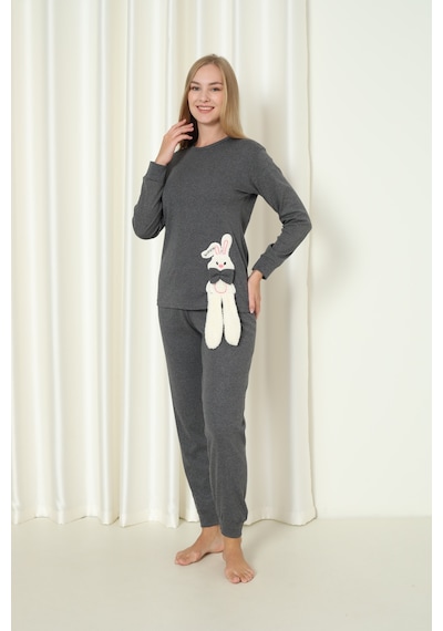 Wordex Fawn 4002 İnterlok Kışlık Tavşanlı Kadın Ev Pijama Takımı Antrasit