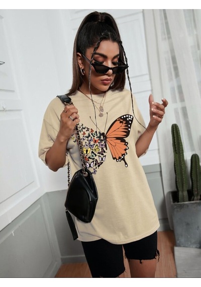 Kelebek Baskılı Oversize Unisex Tişört Taş