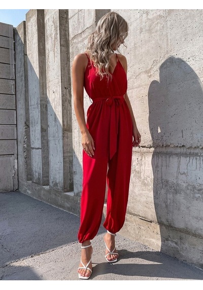 Efnaz Style Kadın Ip Askılı Kruvaze Yakalı Belden Kuşaklı Uzun Sandy Tulum Kırmızı Efnaz Style Kadın Ip Askılı Kruvaze Yakalı Belden Kuşaklı Uzun Sandy Tulum Kırmızı