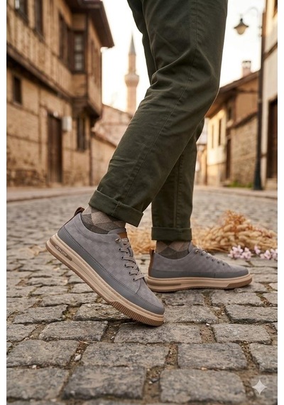 Pepita E385 Rahat Hafif Keten Özel Tasarım Spor Sneaker Erkek Ayakkabı Gri