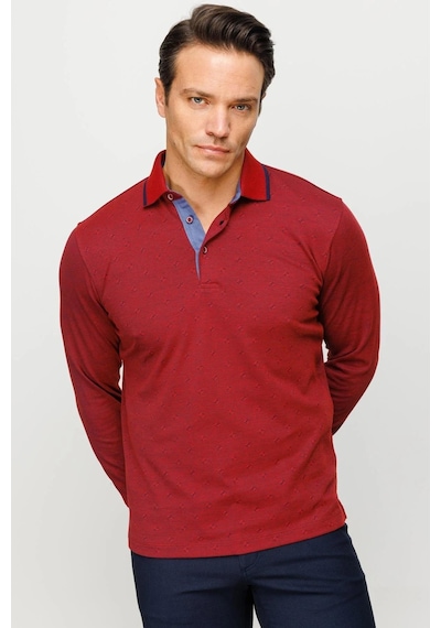 Desen Triko Erkek Polo Yaka Kare Desenli Uzun Kollu Sweatshirt Bordo Bordo