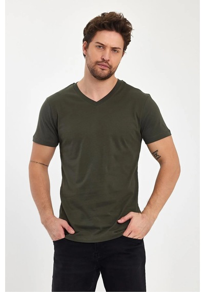 Erkek Compact Penye V Yaka T-shirt Haki