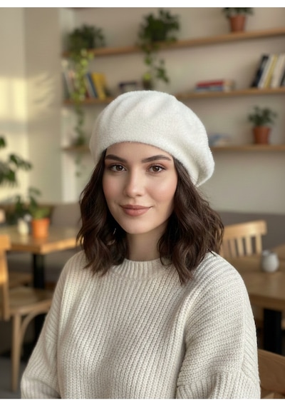 Derikem Fransız Tüylü Peluş Ressam Bere Kadın Şapka Ekru
