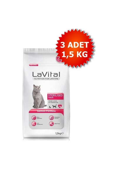 Lavital Kısırlaştırılmış Somonlu Yetişkin Kedi Maması 3 x 1500 G
