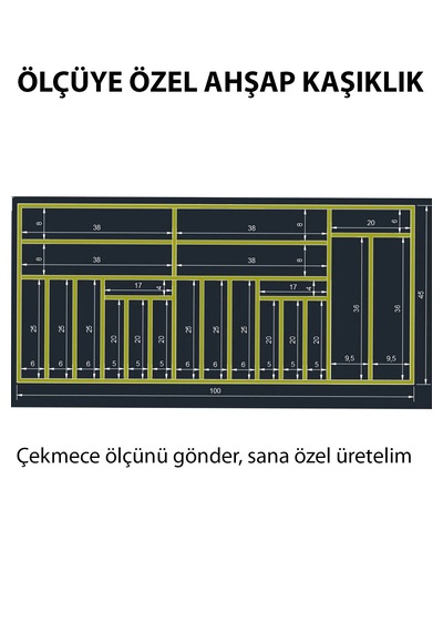 100x45 Cm Kaşıklık & Kepçelik El İşçiliği Masif Ahşap Organizer