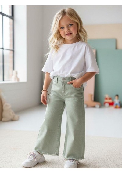 Zekids Kız Çocuk Pamuklu Paçaları Püsküllü Pantolon-16677 Yeşil