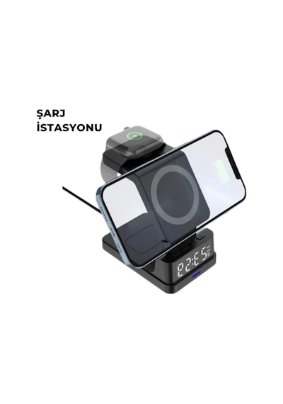 Kablosuz Şarj İstasyonu Ve Dijital Saat Apple Uyumlu, 3 Kademeli Işık Ayarı