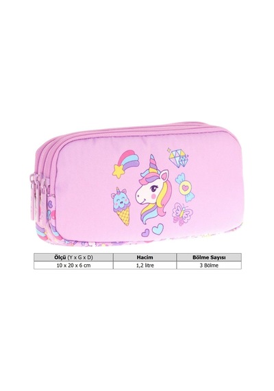 Kaukko Kids Üç Bölmeli Lila, Unicorn, Kız Çocuk Okul Kalem Çantası - L8215 Lila - Sarı