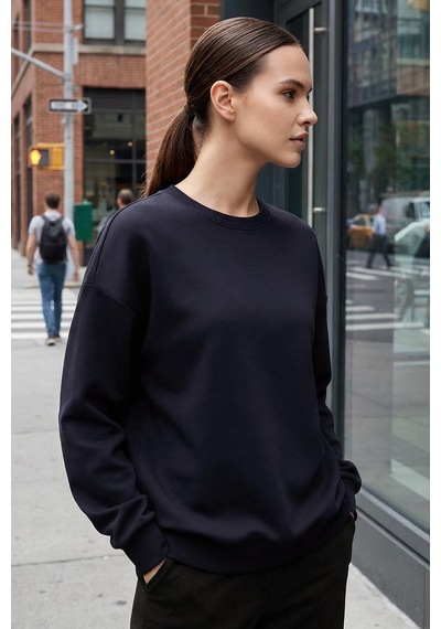Lacivert Basic O Yaka Oversize Kadın Sweatshirt - 97053 Lacivert