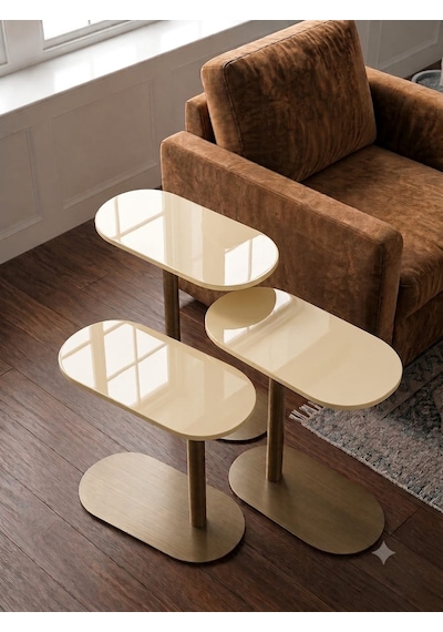 Vista Krem Renk Üst Tabla , Cappicino Renk Metal Ayaklı 3'lü Zigon Sehpa Seti Salon /koltuk Altı Sehpa Yan Sehpa - C Sehba Modern Sehba
