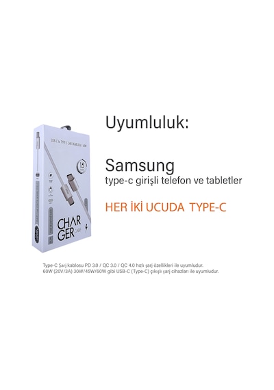 Samsung Uyumlu A24 Şarj Kablosu Type-c To Type C Hızlı Şarj İçin 1 Metre