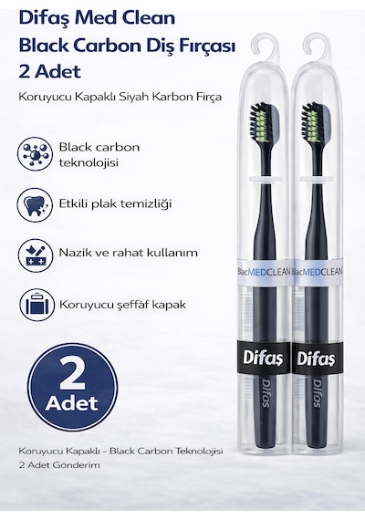 Difaş Med Clean Black Carbon Diş Fırçası 2 Adet Koruyucu Kapaklı Siyah Karbon Fırça Seti
