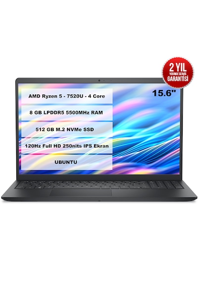 Dell Pro 15 Essential PV15255 R5-7520U 8 GB 512 GB SSD 15.6" FHD Ubuntu Dizüstü Bilgisayar