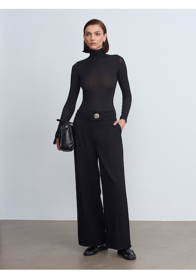 Dilvin 72244 Gold Düğmeli Geniş Paça Pantolon-siyah Siyah