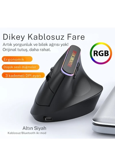 Techtic 2.4g Kablosuz Dikey Tasarım Mouse Çift Modlu Rgb Ergonomik Şarj Edilebilir Sessiz Mod Ofis Oyun Dikey Ergonomik