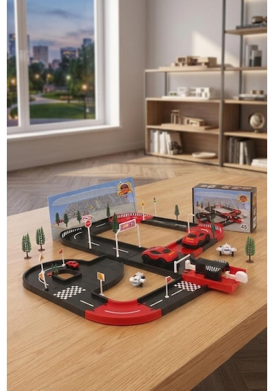 45 Parça 2 Taşıtlı Çek-bırak Fırlatıcılı Eğlenceli Yol Seti Dıy Oyuncak Turbo Yarış Pisti 1