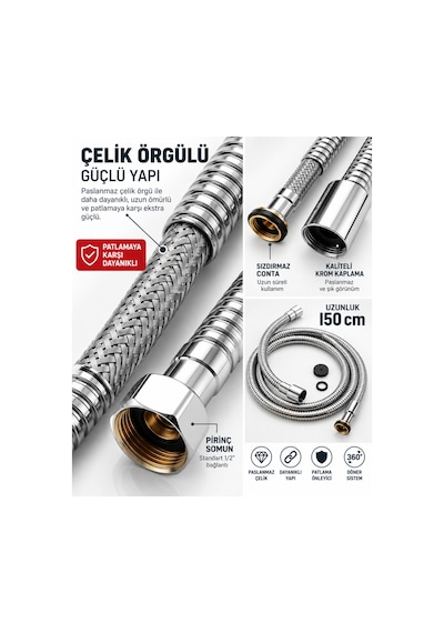 Çelik Flex Sargılı Duş Hortumu 150 Cm Paslanmaz Çelik Örgülü 360 Döner Sistem ½" Gümüş