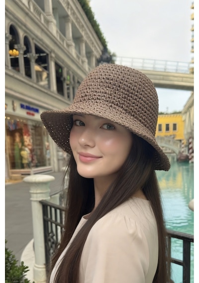 Mollycrush Kadın Kahverengi Hasır Örgü Bucket Bohem Stil Plaj Ve Güneş Şapkası Kahverengi