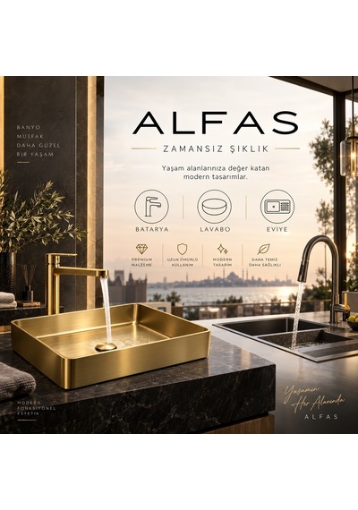 Alfas Aura 51x36cm Dikdörtgen Tezgah Üstü Tezgah Altı Çanak Lavabo Pvd Mat Gold 304 Paslanmaz Çelik