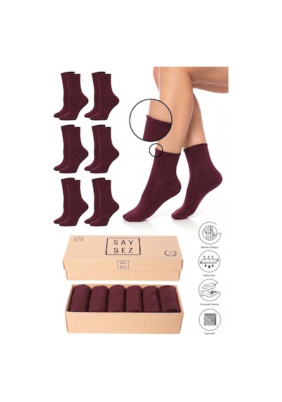 Saysez Bambu Kadın Lastiksiz Bordo Soket Dikişsiz Premium Çorap Kutulu 6'lı / İz Bırakmaz / Sıkmayan Çorap