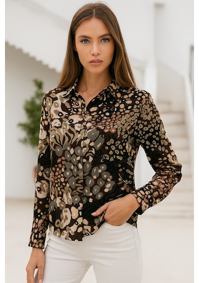 Rich Kadın Kahverengi Desenli Viskon Gizli Düğme Detaylı Slim Fit Desing Gömlek kahverengi Rich Kadın Kahverengi Desenli Viskon Gizli Düğme Detaylı Slim Fit Desing Gömlek kahverengi