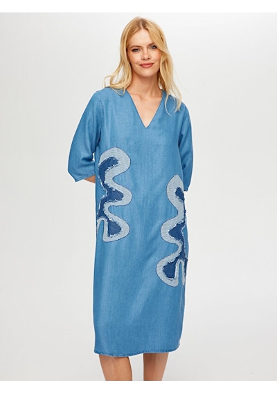 Faik Sönmez Soyut Aplike Detaylı V Yaka Tenselli Jean Elbise S25jel001 Us25jel00127 Indigo