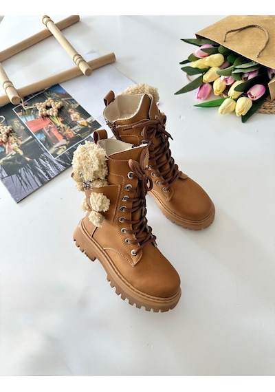 Miniğimin Cicileri Peluş Ayıcık Detaylı Premium Kız Çocuk Postal Bot - Taba