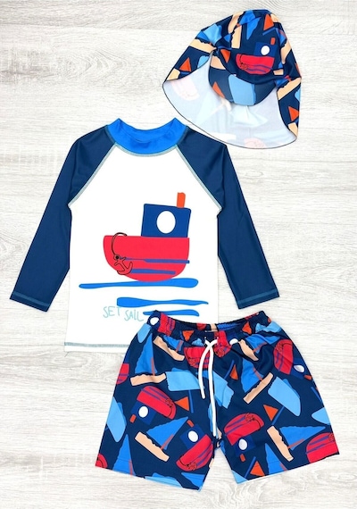 My Kids Wear Güneş Korumalı Boneli Karakter Desenli Deniz Şortlu Mayo Takım Kiremit