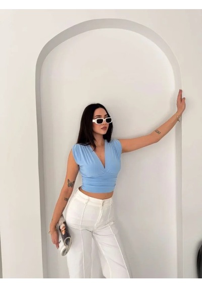 Efnaz Style Vatkalı Kolsuz V Yaka Drapeli Crop Bluz Likralı Fit - Bebek Mavisi