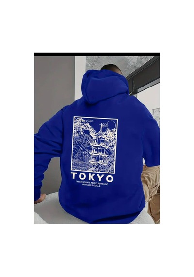 Medinenur Tokyo Sırt Baskılı Kapüşonlu Sweatshirt Mavi