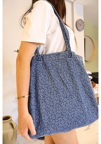 İcone Bag Desenli Yıkamalı Denim Kadın Çantası, Geniş Hacimli, Desenli El Ve Omuz Bez Çanta Shopper Kot Lacivert