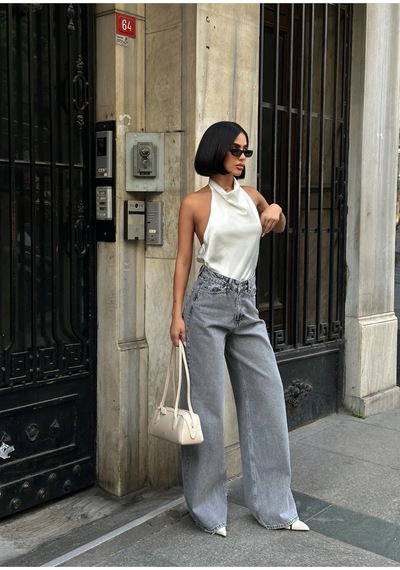 Meecy Kadın Baggy Jean Yüksek Bel Palazzo Esnek Kot Pantolon Buz Gri Buz Gri
