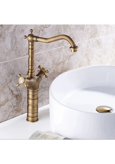 İsaoğlu Yapı Antik Gold Çanak Lavabo Bataryası Country Tasarım Lavabo Bataryası Çanak Musluğu Mat Gold Gold