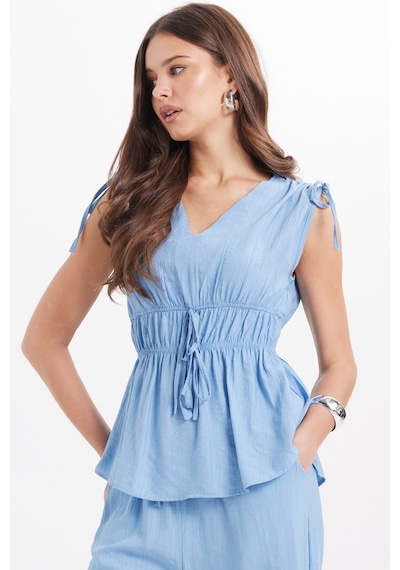 Tudors Kadın Standart Fit Normal Kesim V Yaka Beli Büzgülü Bağcıklı Bluz Geniş Paça Mavi Pantolon Takım-51027 Tudors Kadın Standart Fit Normal Kesim V Yaka Beli Büzgülü Bağcıklı Bluz Geniş Paça Mavi Pantolon Takım-51027