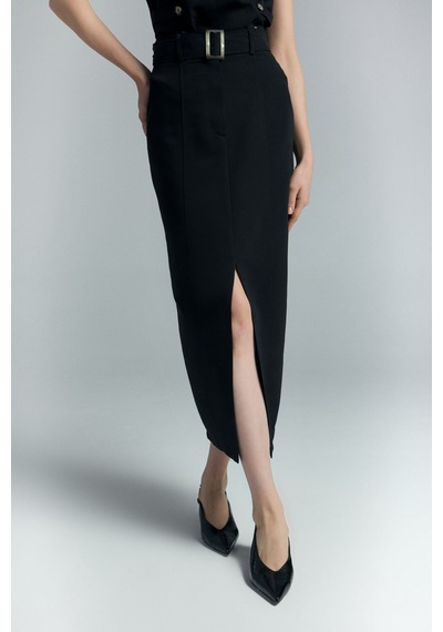 Sateen Jessi Yırtmaçlı Etek - Siyah-137284