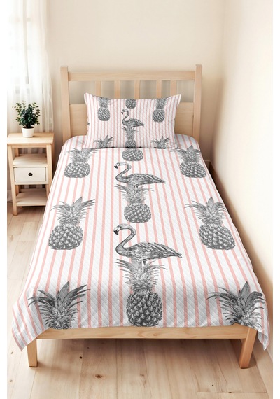 Flamingo Ananas Çizgili Pembe Genç Odası Tek Kişilik Pike Takımı-gri Tropikal Yatak Örtüsü 160x220cm Bulanık Koru Kıyımı
