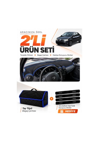 Dacia Logan 2009-2012 Uyumlu Torpido Örtüsü + Tay Tüyü Bagaj Çantası + Sticker Seti - Siyah Mavi