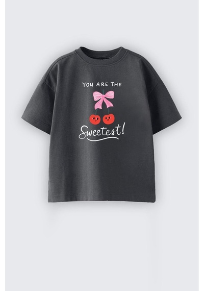 Monila Kız Çocuk Kiraz Baskılı Pamuklu T-shirt Antrasit