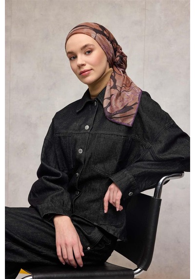Silk Home Pamuk Polyester Soft Eşarp Yaprak Desen Mor 90x90 Çok Renkli