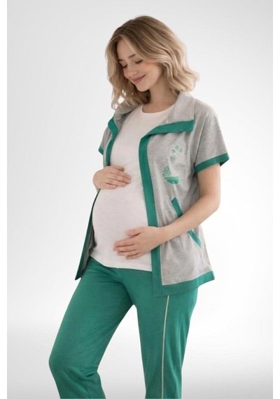 Mecit Pijama Mecit 6352 Yeşil Bayan Yelekli Hamile Lohusa Pijama Takımı
