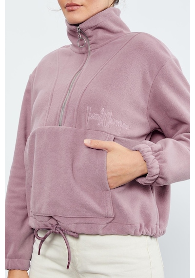 Tommy Life Gül Kurusu Yarım Fermuar Etek Ucu Büzgülü Kadın Polar Oversize Sweatshirt - 97171 Gülkurusu