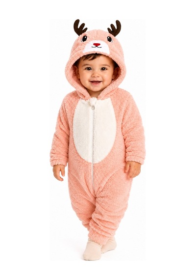 Tatlı Geyik Desenli Welsoft Bebek Tulumu Kapüşonlu Peluş Fermuarlı Kışlık Unisex Bebek Tulumu Somon